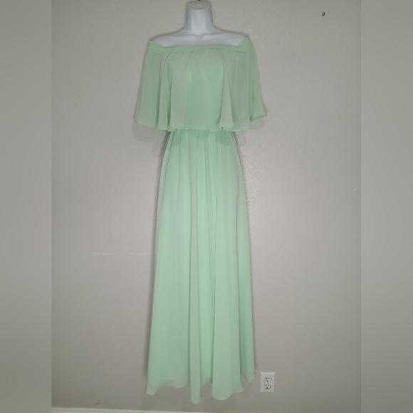 NWT JJs Housr Mint Green Off-Shoulder Chiffon Flowy Maxi Dress Long Gown Size XS - Picture 8 of 10